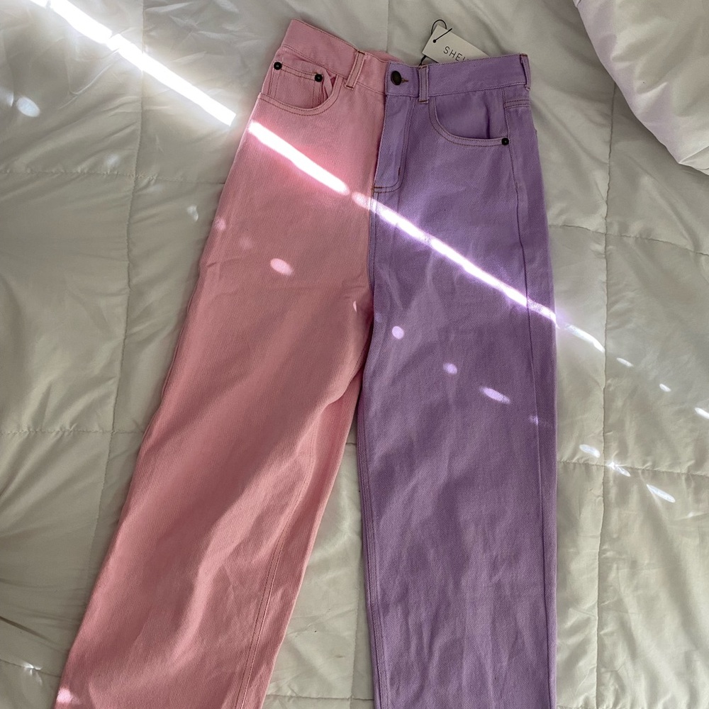 Pink and purple high rise jeans